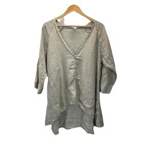 Match Point Linen V Neck Asymmetrical Shirt Blouse Button Beige 3/4 slv lagen